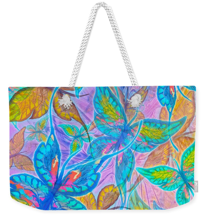 Butterflies Weekender Tote Bag featuring the mixed media Butterflies on Lilac by Teresa Ascone