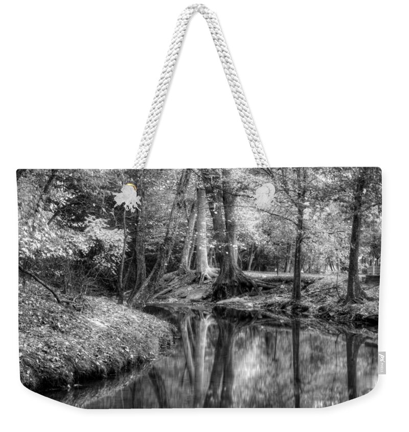 Autumn Weekender Tote Bag featuring the photograph Butternut Creek Autumn in Black and White by Greg and Chrystal Mimbs