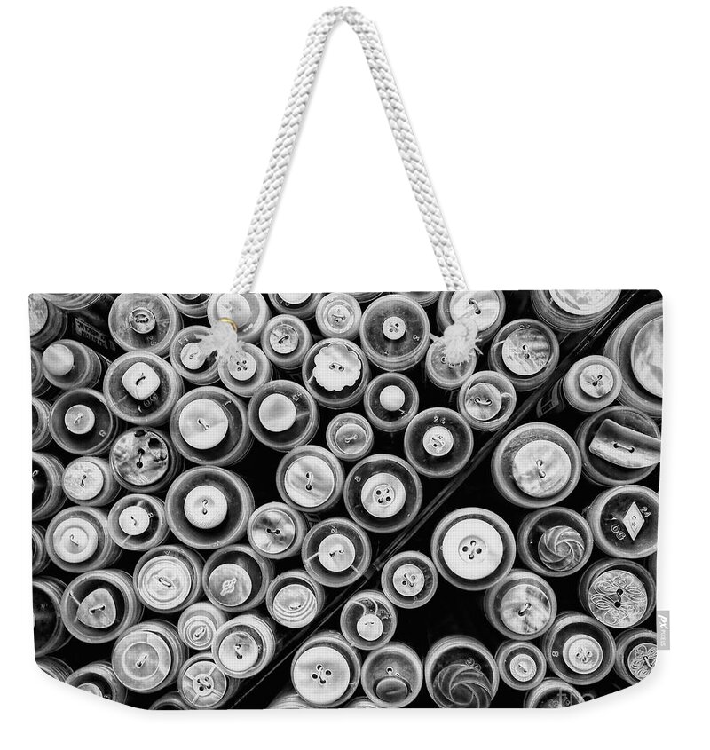 Button Weekender Tote Bag featuring the photograph Buttons Black and White by Kathleen K Parker
