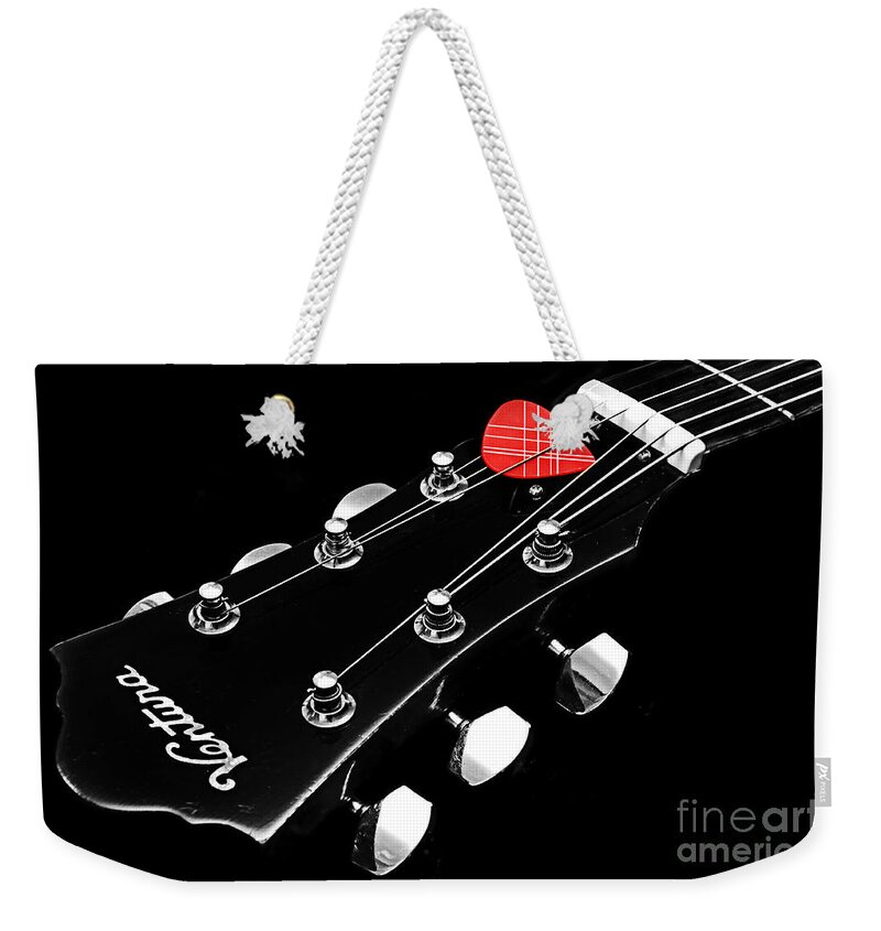 Andee Design Guitar Weekender Tote Bag featuring the photograph BW Head Stock With Red Pick by Andee Design