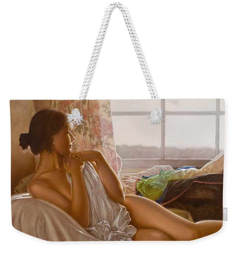 Paintings Weekender Tote Bag featuring the painting By the window by John Silver