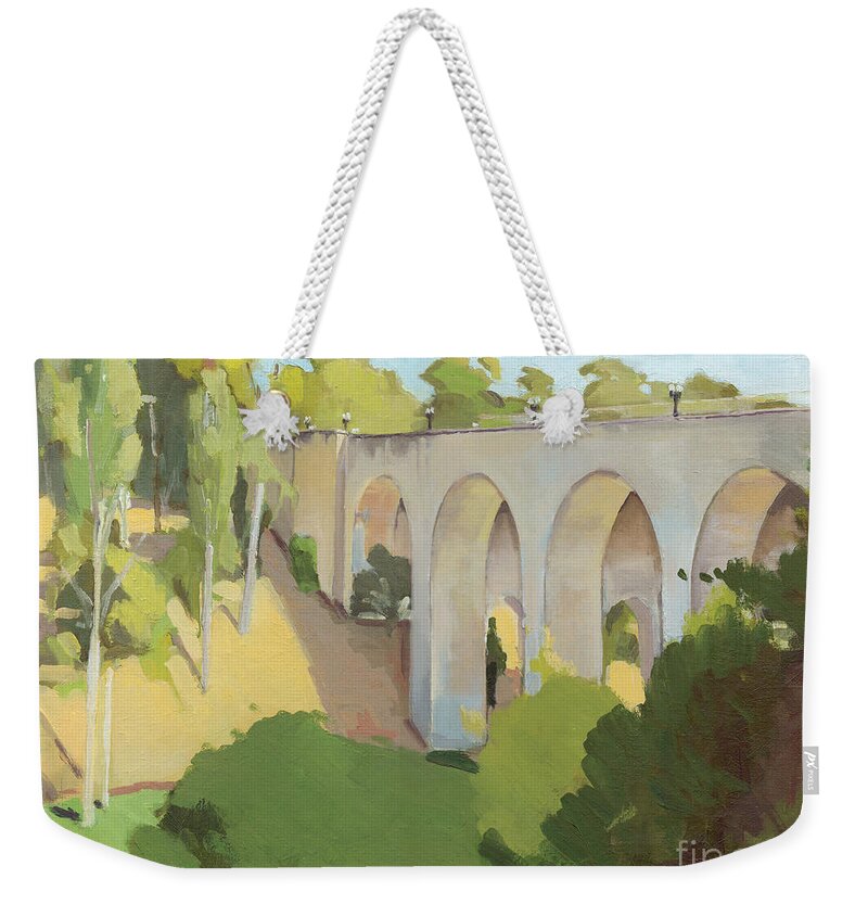 Cabrillo Bridge Weekender Tote Bag featuring the painting Cabrillo Bridge Balboa Park San Diego California by Paul Strahm