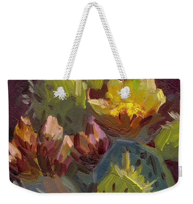 Desert Weekender Tote Bag featuring the painting Cactus in Bloom 1 by Diane McClary