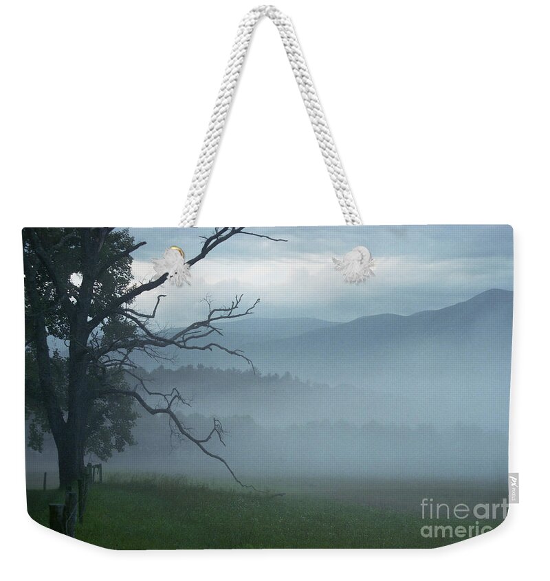 Green Weekender Tote Bag featuring the photograph Cades Cove Fog Sunrise by Teri Atkins Brown
