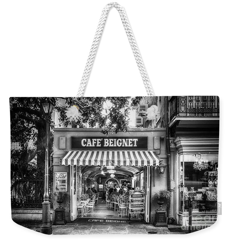 Nola Weekender Tote Bag featuring the photograph Cafe Beignet Morning NOLA - BW by Kathleen K Parker
