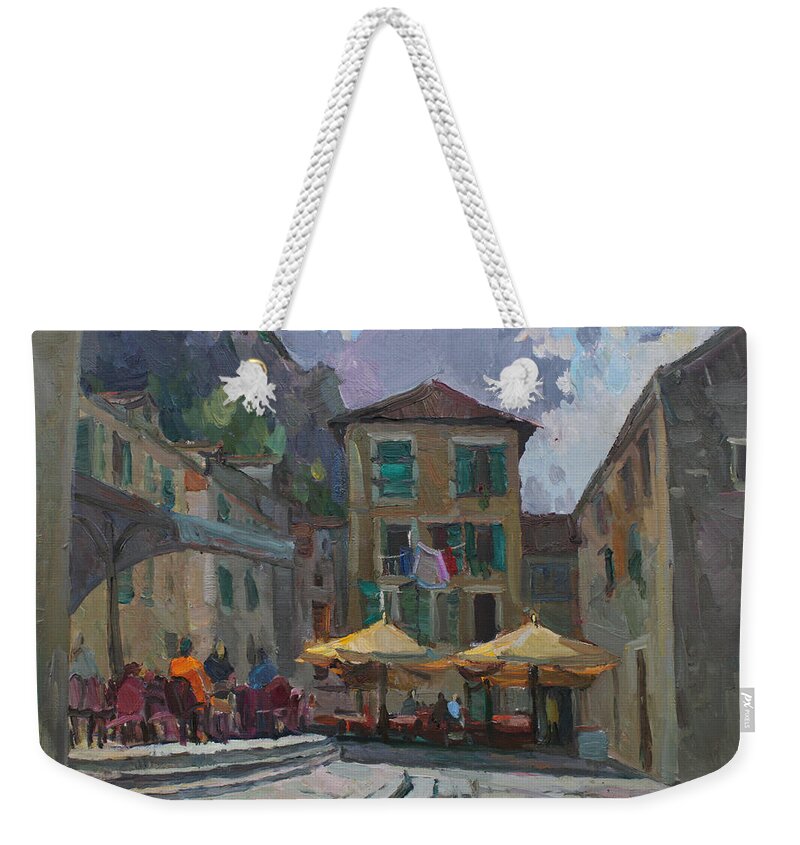 Montenegro Weekender Tote Bag featuring the painting Cafe in old city by Juliya Zhukova