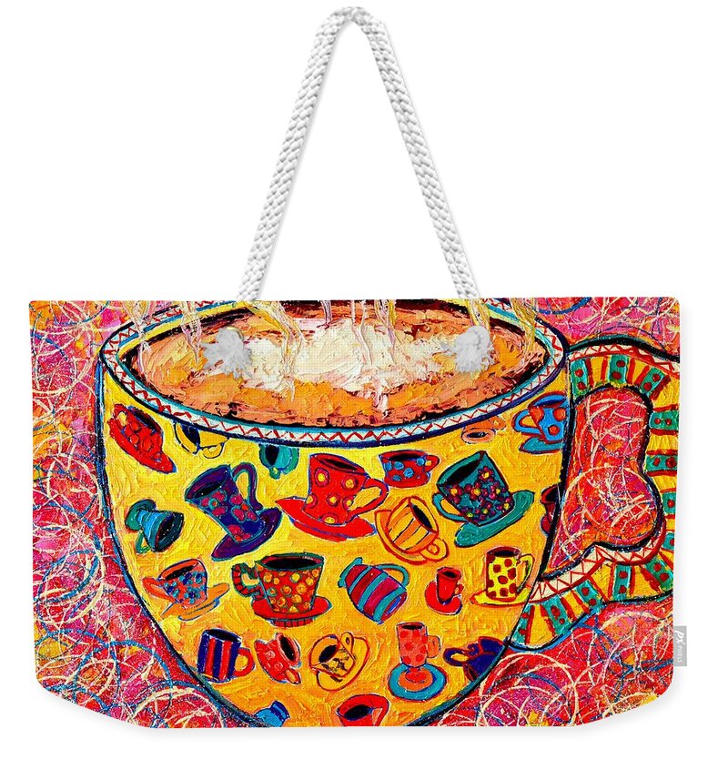 Coffee Weekender Tote Bag featuring the painting Cafe Latte - Coffee Cup With Colorful Coffee Cups Some Pink And Bubbles by Ana Maria Edulescu
