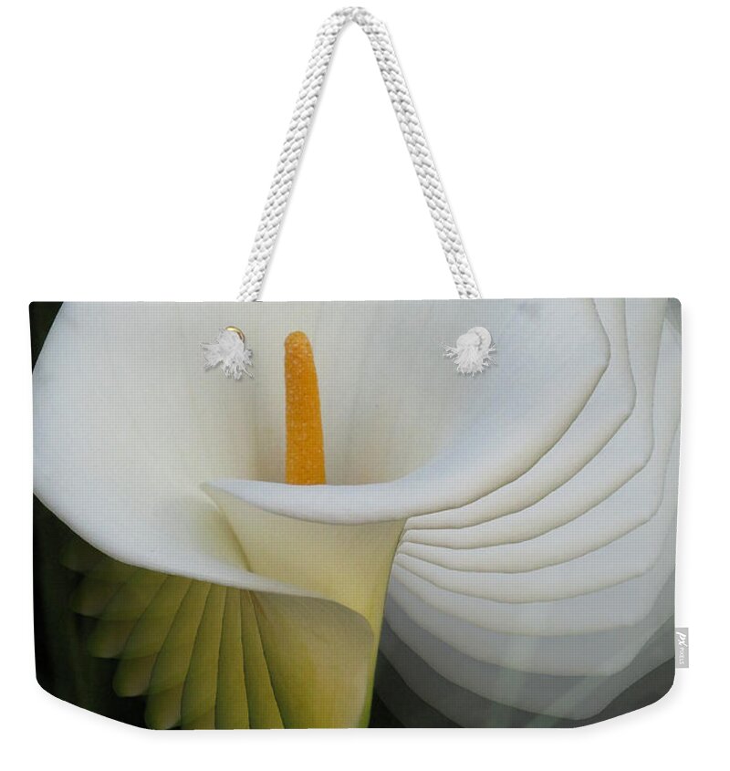 Calla Lily Weekender Tote Bag featuring the photograph Calla Lilly Sprial by Alison Stein