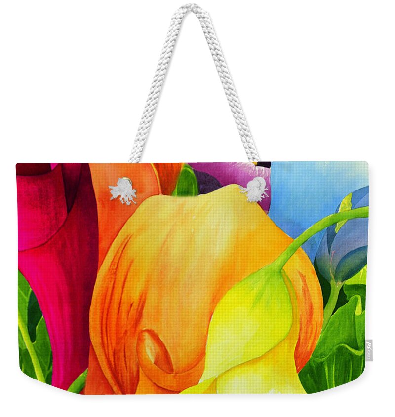 Flower Paintings Weekender Tote Bag featuring the painting Calla Lily Rainbow by Janis Grau