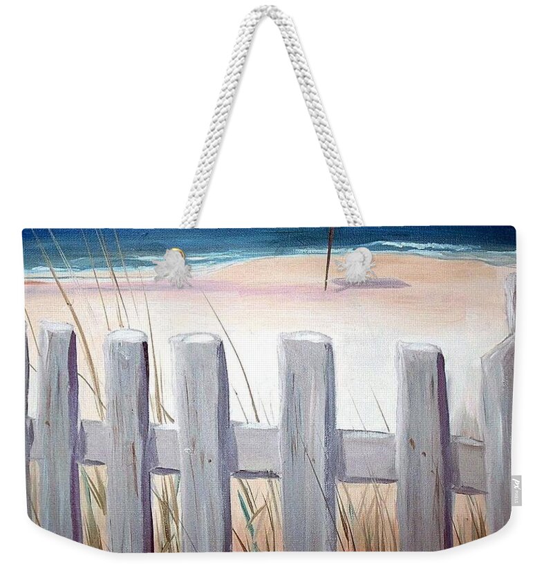 Blue Sky Weekender Tote Bag featuring the painting Calm Day at the Seashore by Bernadette Krupa