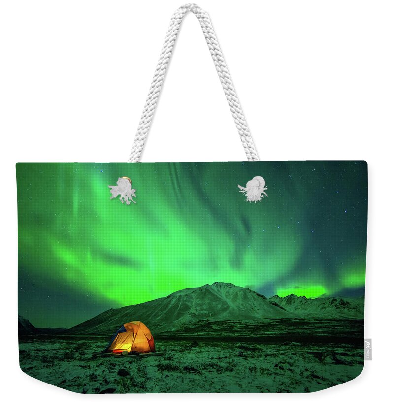Camping Weekender Tote Bag featuring the photograph Camping Under Northern Lights by Piriya Photography
