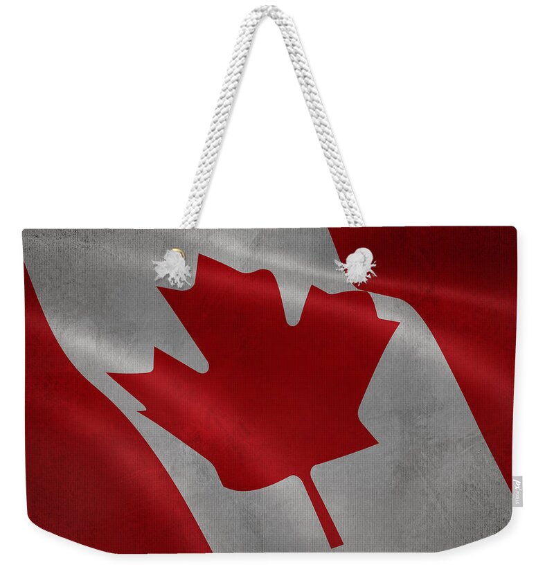 Textile Weekender Tote Bag featuring the digital art Canadian flag waving aged canvas by Eti Reid