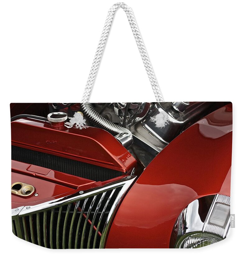Car Weekender Tote Bag featuring the photograph Candy Apple Red and Chrome by Linda Bianic