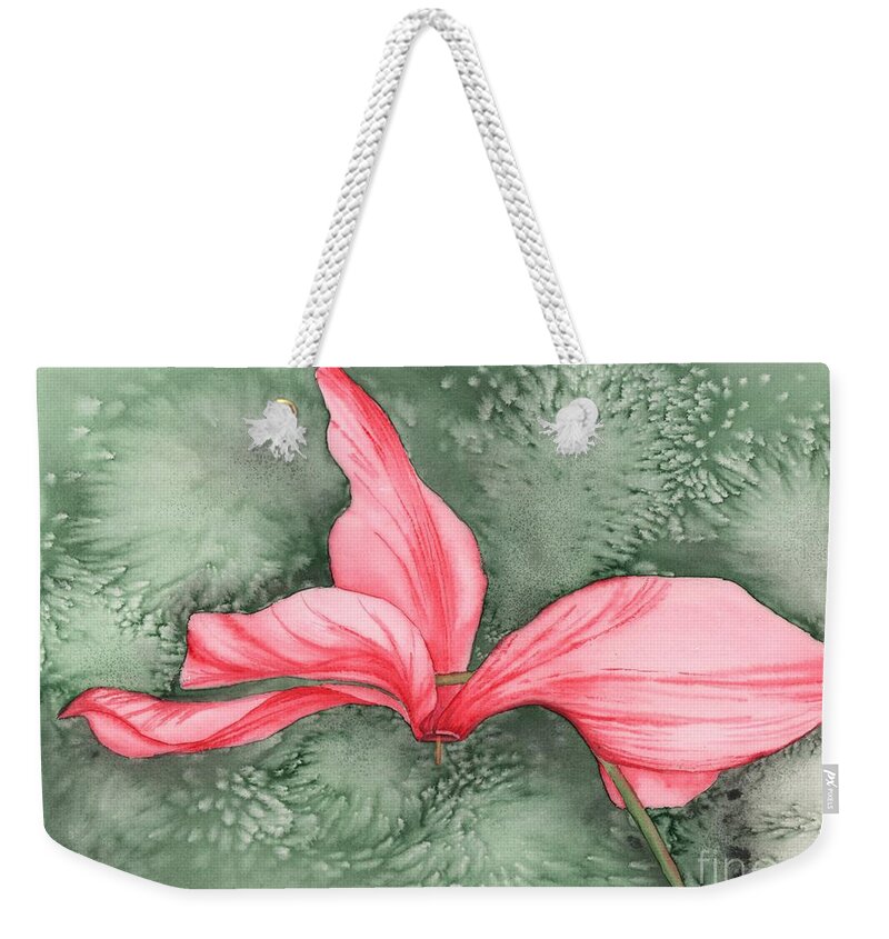 Cyclamen Weekender Tote Bag featuring the painting Candy Cane Cyclamen by Hilda Wagner