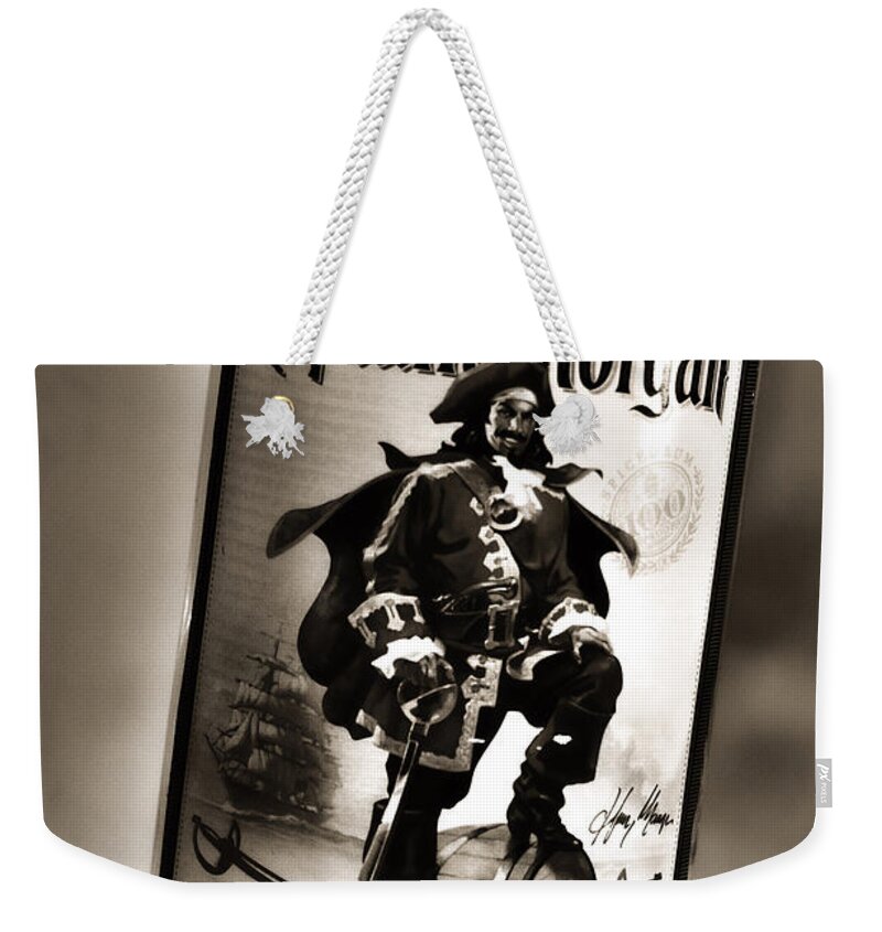 Rum Weekender Tote Bag featuring the photograph Captain Morgan Black and White by Janie Johnson