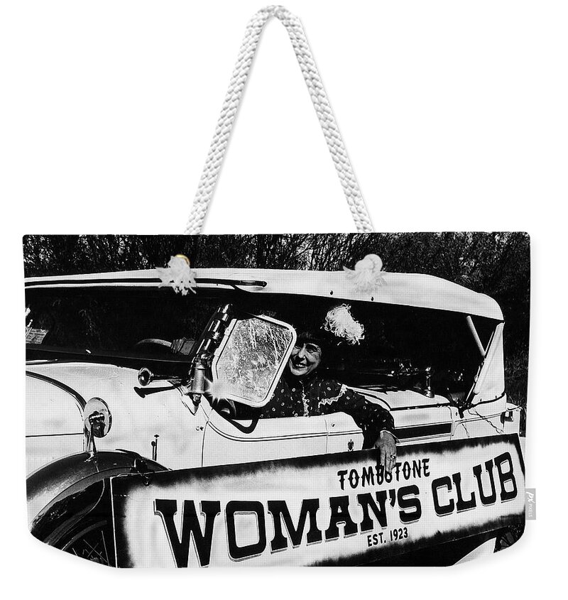 Car And Driver In Helldorado Days Parade In Tombstone Arizona 1967 Weekender Tote Bag featuring the photograph Car and driver in Helldorado Days parade in Tombstone Arizona 1967 by David Lee Guss