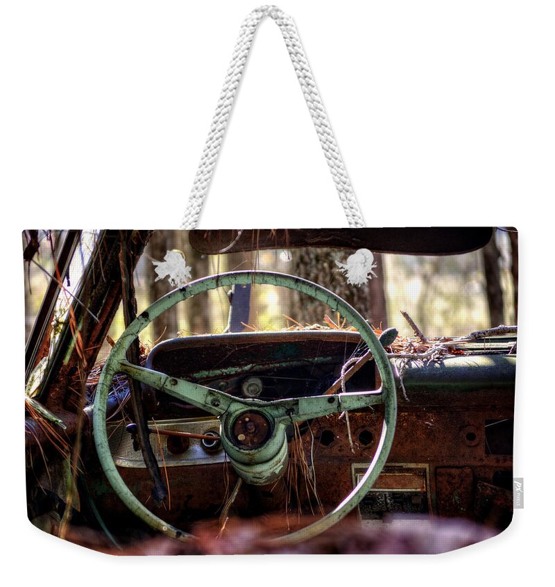 Junk Yard Weekender Tote Bag featuring the photograph Car in the Woods by Greg and Chrystal Mimbs