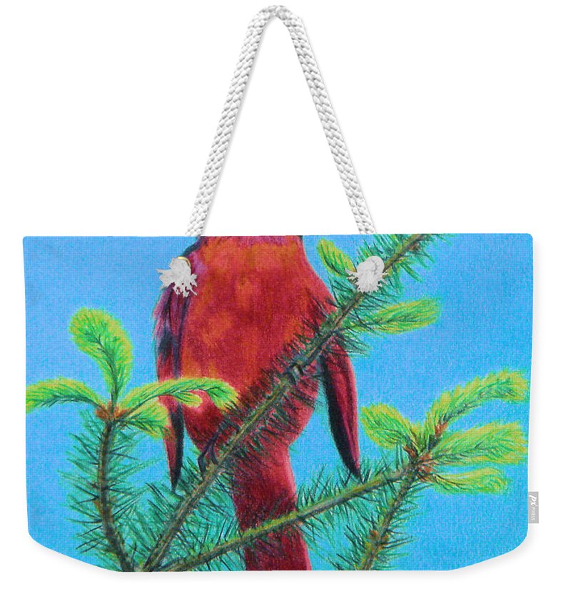 Cardinal Bird Weekender Tote Bag featuring the drawing Cardinal Bird by Yvonne Johnstone