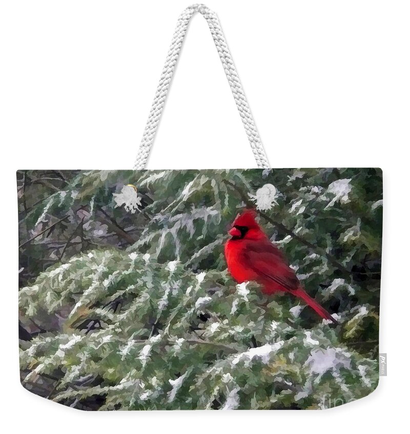 Cardinal Weekender Tote Bag featuring the digital art Cardinal in Snow by Jayne Carney