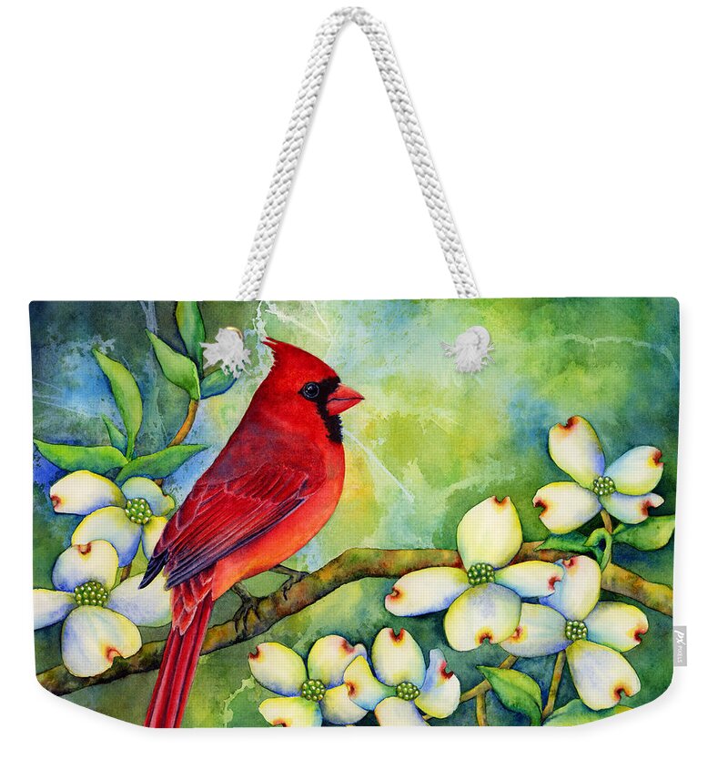 Cardinal Weekender Tote Bag featuring the painting Cardinal on Dogwood by Hailey E Herrera