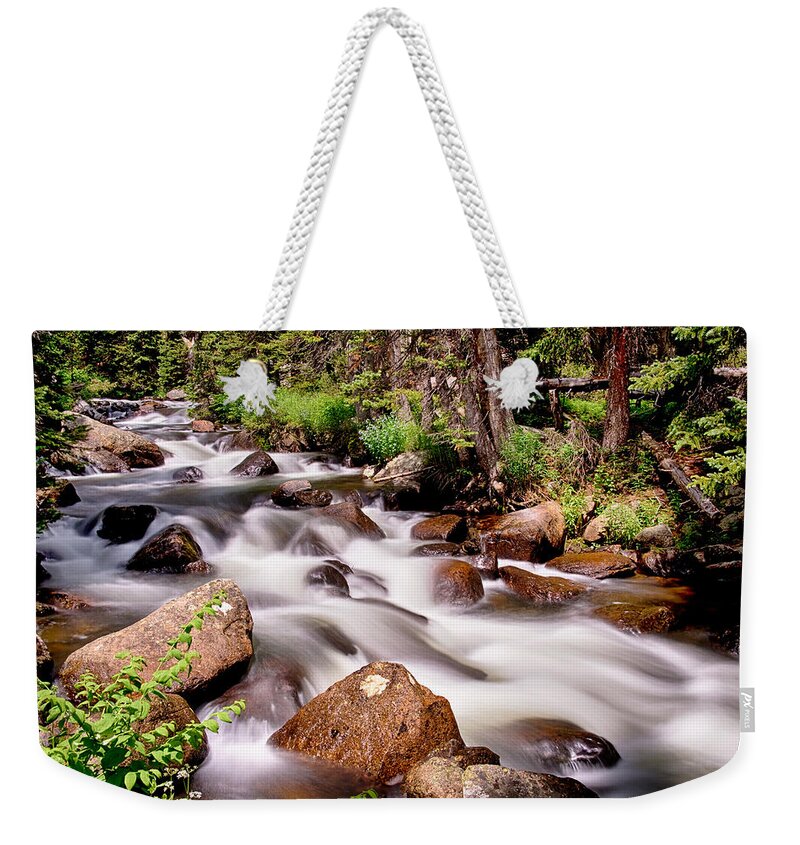 Mountain Stream Weekender Tote Bag featuring the photograph Cascading Rocky Mountain Forest Creek by James BO Insogna
