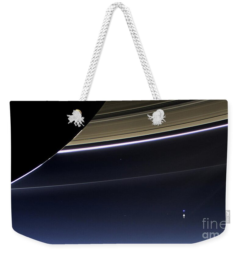 Saturn Weekender Tote Bag featuring the photograph Cassini View Of Saturn And Earth by Science Source
