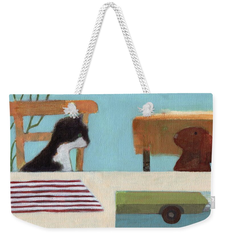 Cat Weekender Tote Bag featuring the painting Cat and Bunny by Kazumi Whitemoon