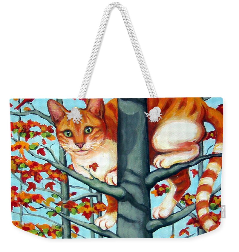 Rebecca Korpita Weekender Tote Bag featuring the painting Orange Cat in Tree Autumn Fall Colors by Rebecca Korpita