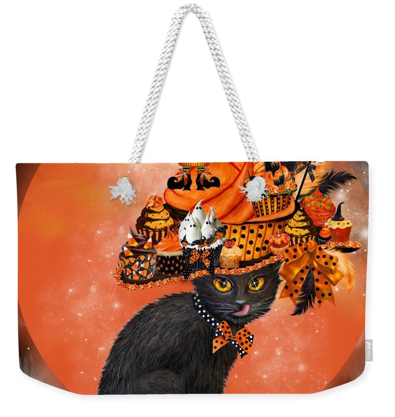 Cat Art Weekender Tote Bag featuring the painting Cat In Halloween Cupcake Hat by Carol Cavalaris