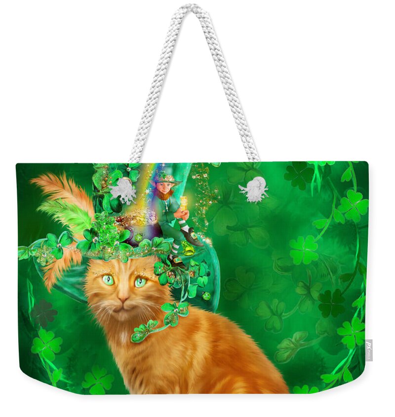 Cat Weekender Tote Bag featuring the mixed media Cat In The Shamrock Hat by Carol Cavalaris