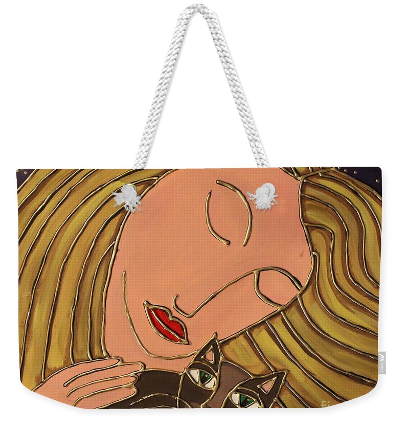 Cat Weekender Tote Bag featuring the painting Cat Love by Cynthia Snyder