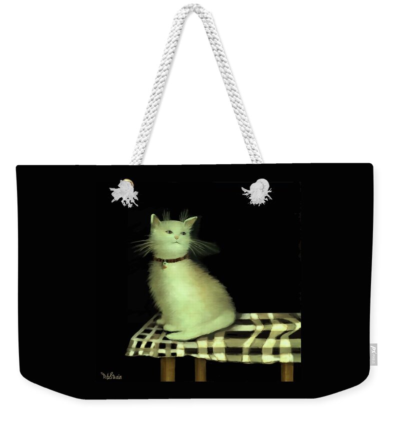Diane Strain Weekender Tote Bag featuring the painting Cat on Checkered Tablecloth  No. 4 by Diane Strain