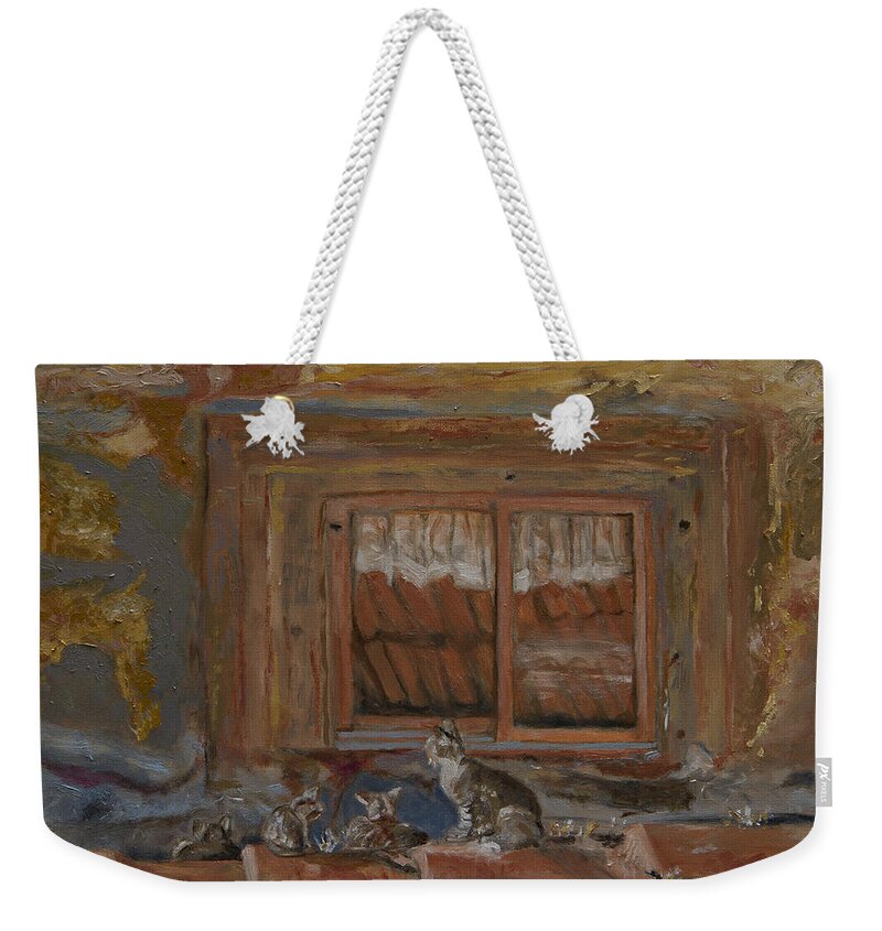Roof Weekender Tote Bag featuring the mixed media Cat's hanging out by Kathy Knopp