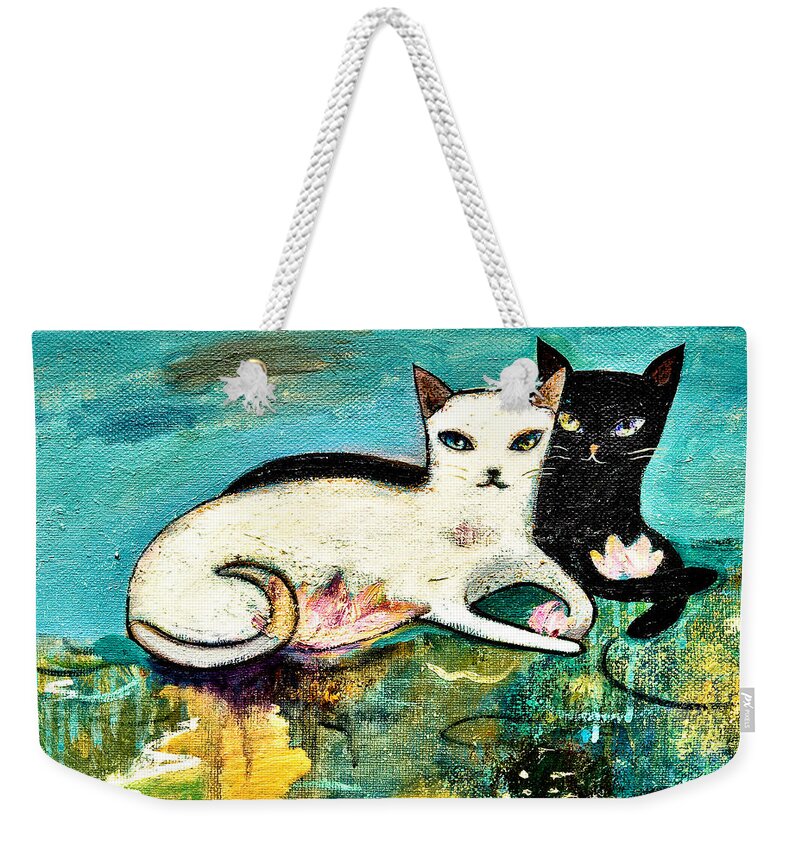 Black Cat Weekender Tote Bag featuring the painting Cats with koi by Shijun Munns