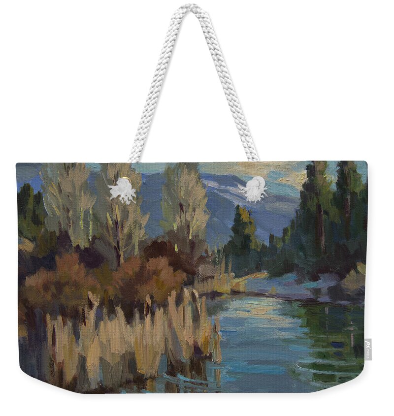 Pond Weekender Tote Bag featuring the painting Cattails at Harry's Pond 1 by Diane McClary