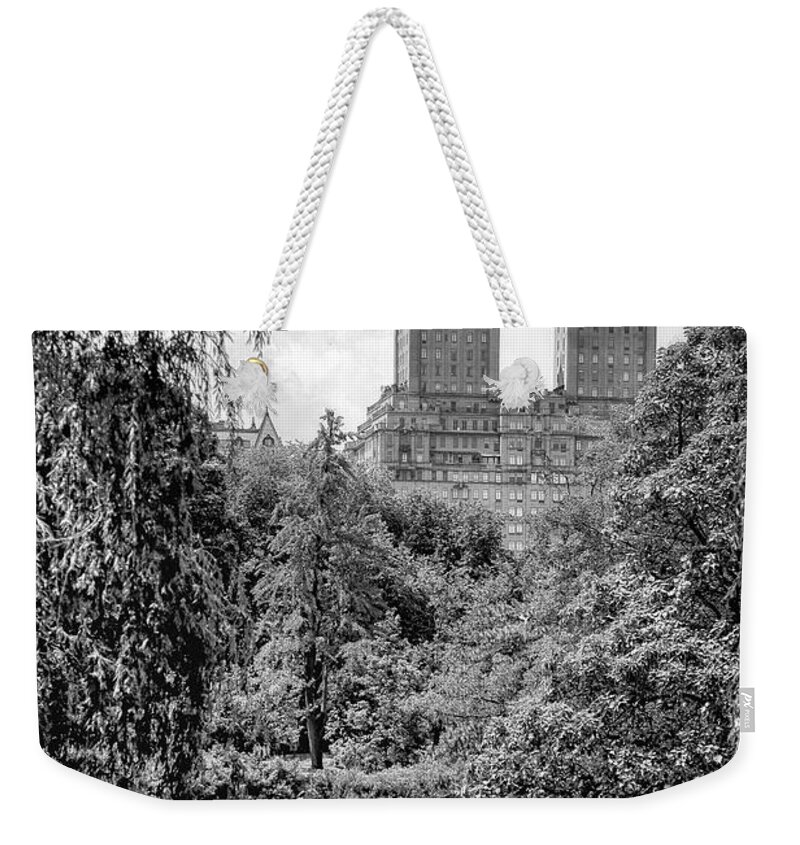 Central Park New York City Black White Boating Leisure Gray Grays Water Stone Cityscape Trees Photography Weekender Tote Bag featuring the photograph Central Park by Paul Watkins