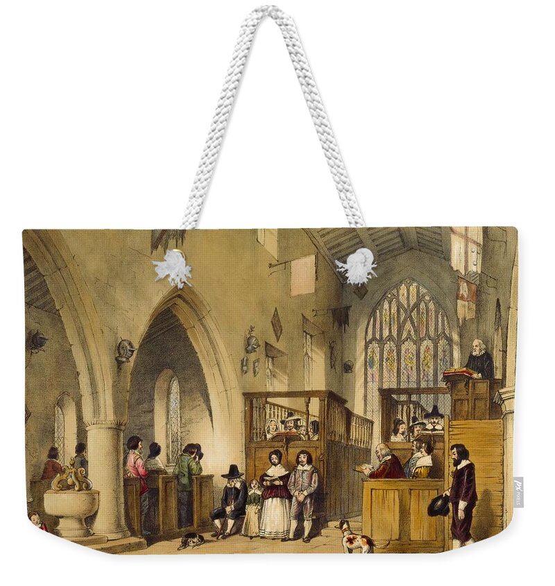 Chapel Weekender Tote Bag featuring the drawing Chapel At Haddon Hall, Derbyshire by Joseph Nash