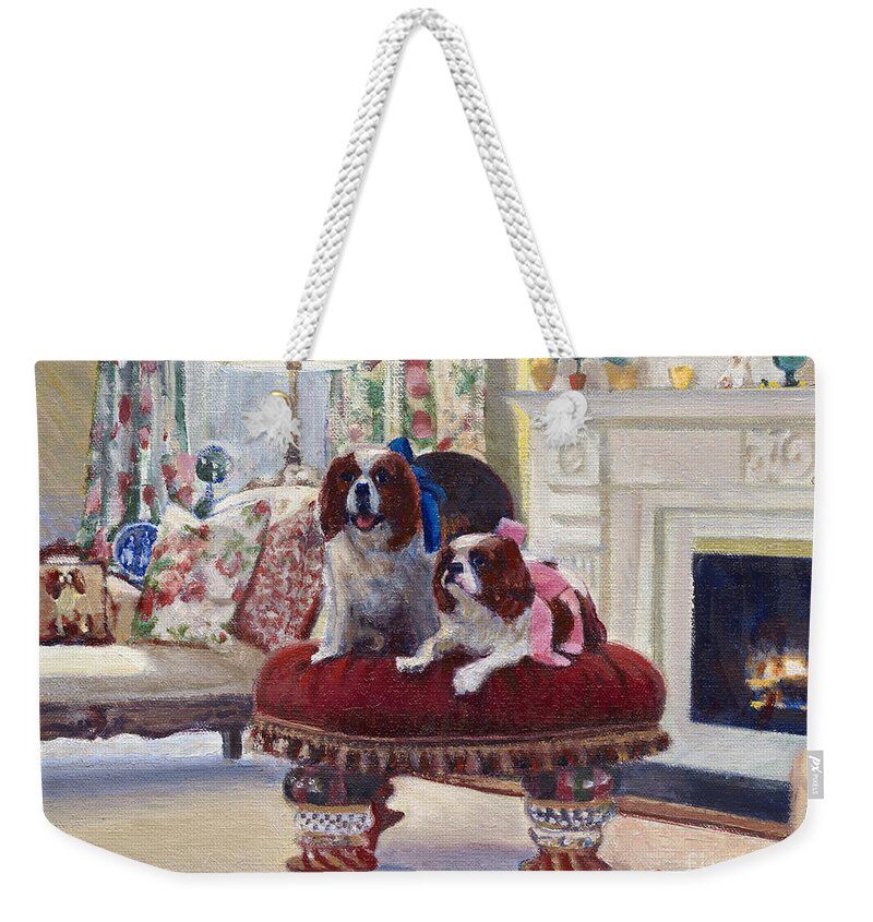 King Charles Spaniels Weekender Tote Bag featuring the painting Charlie and Lizzie by Candace Lovely