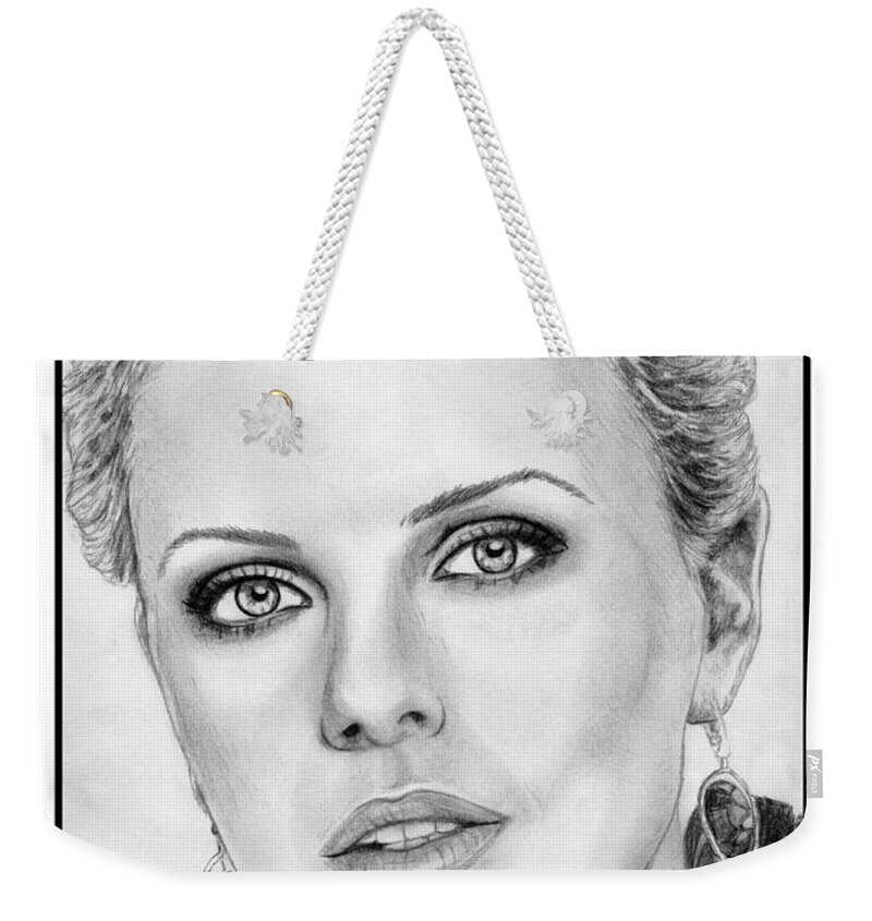 Charlize Theron Weekender Tote Bag featuring the drawing Charlize Theron in 2008 by J McCombie