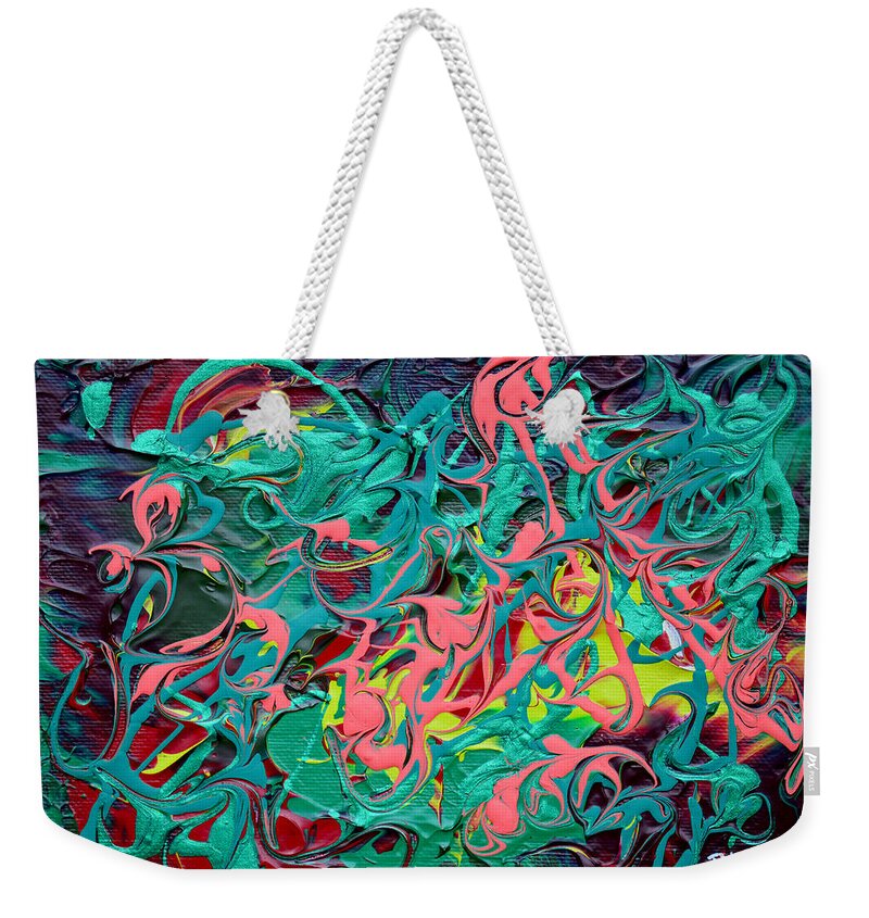 Vibrant Abstract Weekender Tote Bag featuring the painting Chasing Fireflies by Donna Blackhall