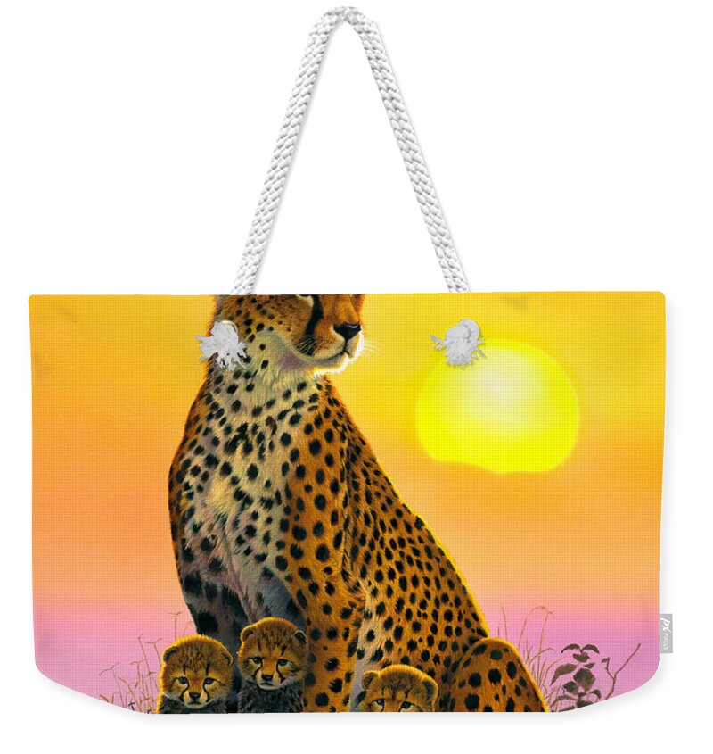 Cheetah Weekender Tote Bag featuring the photograph Cheetah And Cubs by MGL Meiklejohn Graphics Licensing