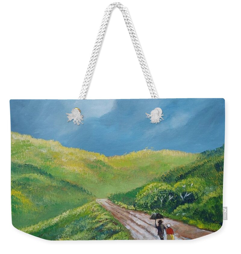 Road Weekender Tote Bag featuring the painting Chemin sous une pluie tropicale by Jean Pierre Bergoeing