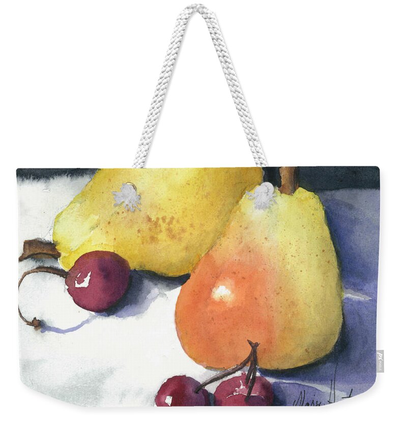 Fruit Weekender Tote Bag featuring the painting Cherries and Pears by Maria Hunt