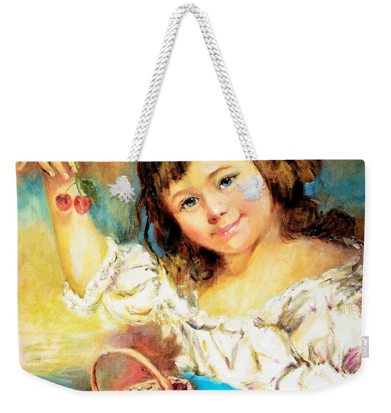 Girl Weekender Tote Bag featuring the painting Cherry Basket girl by Sher Nasser