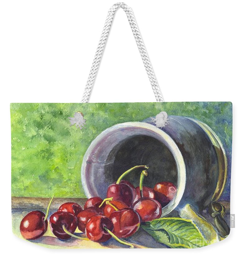 Watercolor Weekender Tote Bag featuring the painting Cherry Pickins by Carol Wisniewski