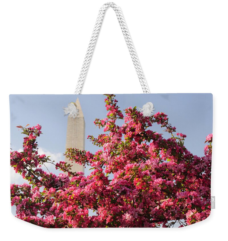America Weekender Tote Bag featuring the photograph Cherry Trees and Washington Monument 5 by Mitchell R Grosky