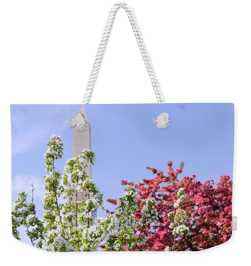 America Weekender Tote Bag featuring the photograph Cherry Trees and Washington Monument Four by Mitchell R Grosky