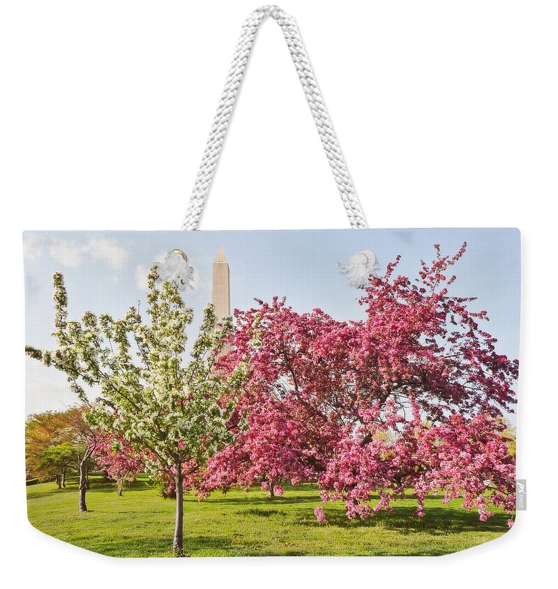 America Weekender Tote Bag featuring the photograph Cherry Trees and Washington Monument Three by Mitchell R Grosky
