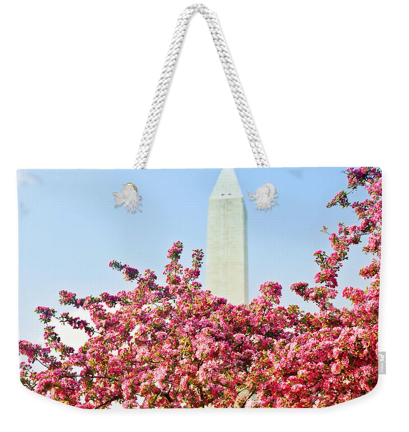 America Weekender Tote Bag featuring the photograph Cherry Trees and Washington Monument Two by Mitchell R Grosky