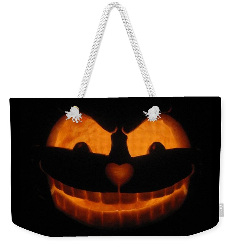 Pumpkin Weekender Tote Bag featuring the sculpture Cheshire Cat by Shawn Dall